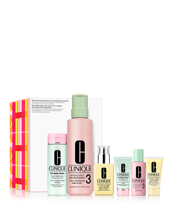 Great Skin Everywhere Skincare Set: For Combination Oily Skin, Clinique&#039;s three signature steps for glowing skin—one set for home, one for travel. Customised for oilier skin types. A $308.
