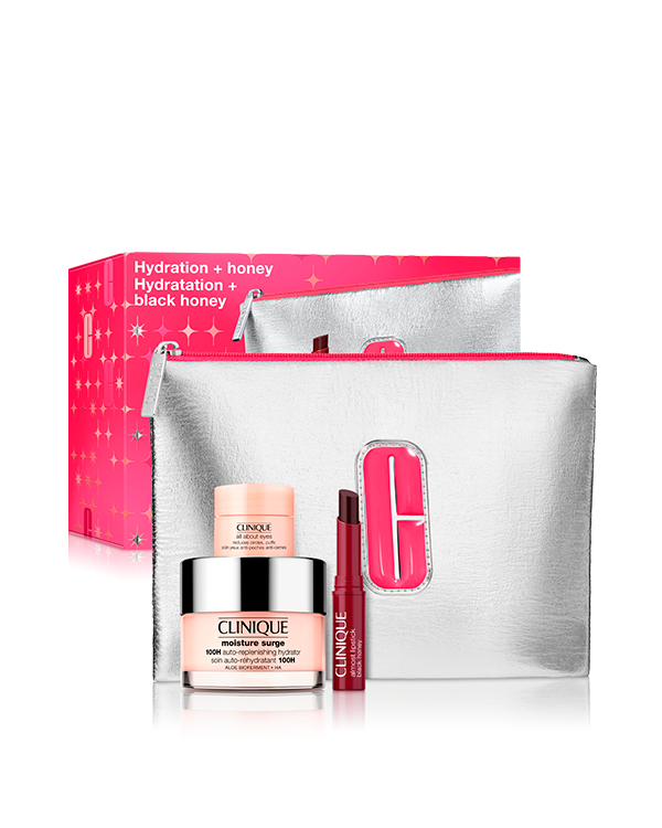 Hydration + Honey Set,   A skincare trio featuring our powerful 100H hydrator, an eye cream, and our cult classic Black Honey lipstick
