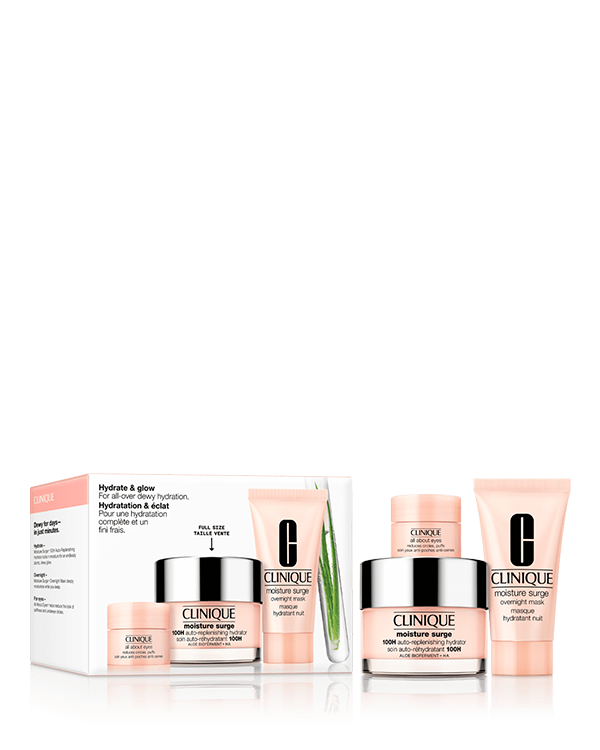 Hydrate + Glow Skincare Set, 3 skincare favorites for all-over dewy hydration, including our bestselling Moisture Surge™ 100H Hydrator in full size. $130 value.